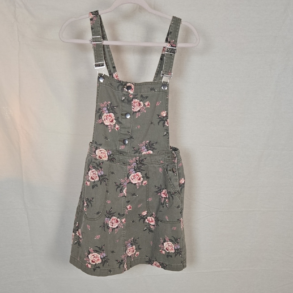 Divided By H & M  Denim Olive Green W/ Pink Roses Overalls Mini Dress